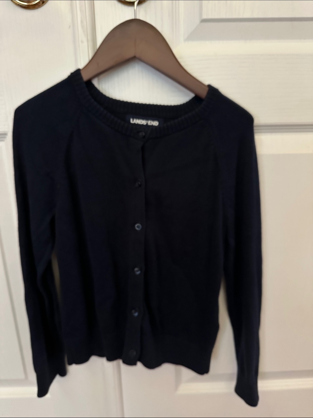 Lands' End girl’s Dark Navy Button-Front Crewneck Cardigan